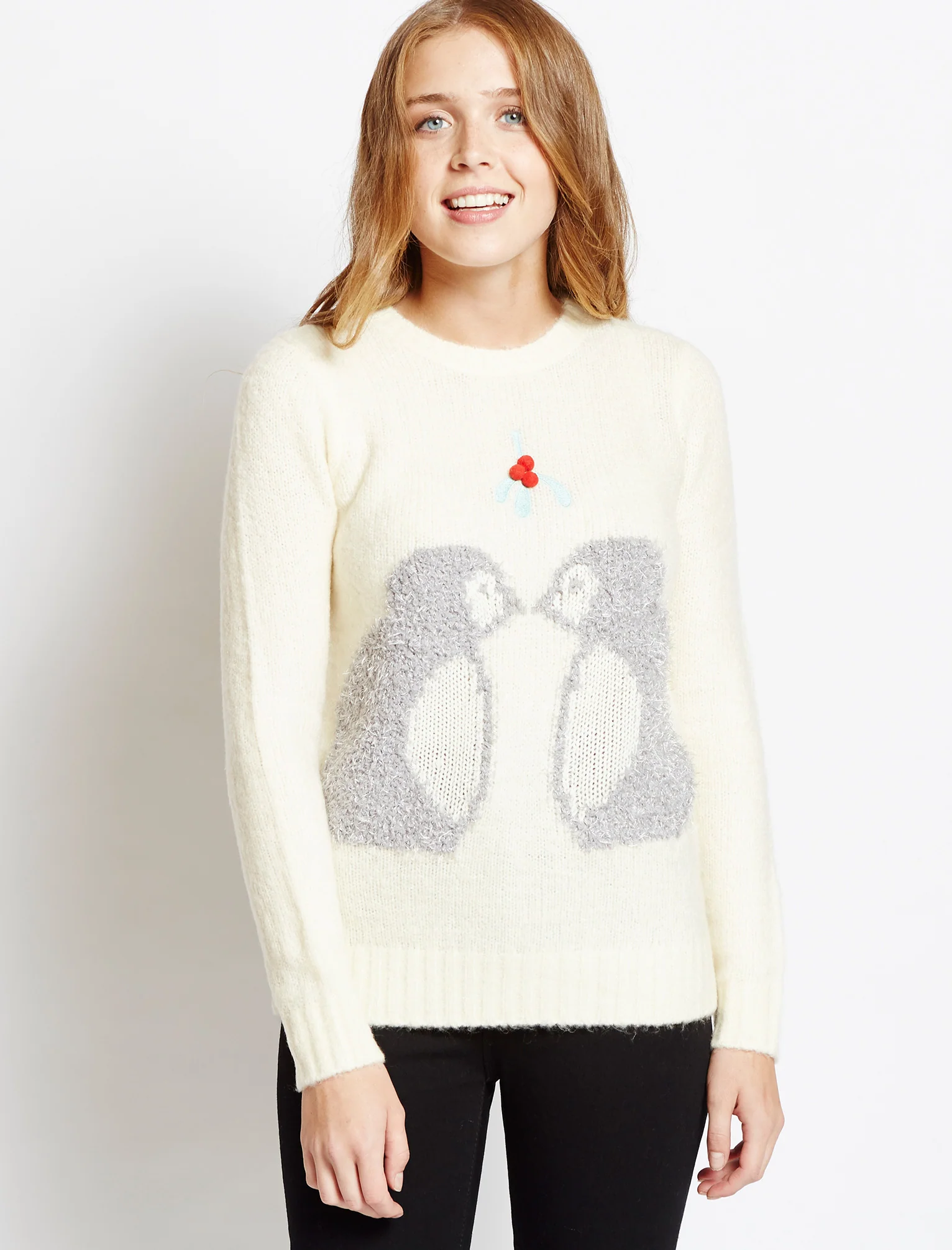 Womens Merry Christmas Mistletoe Penguins red jumper - Image 4