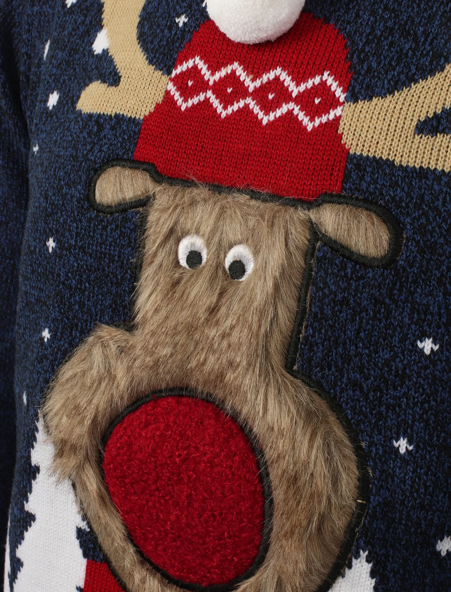 Rudolph Pom Pom Novelty Christmas Jumper in Black / Sapphire - Season’s Greetings - Image 3