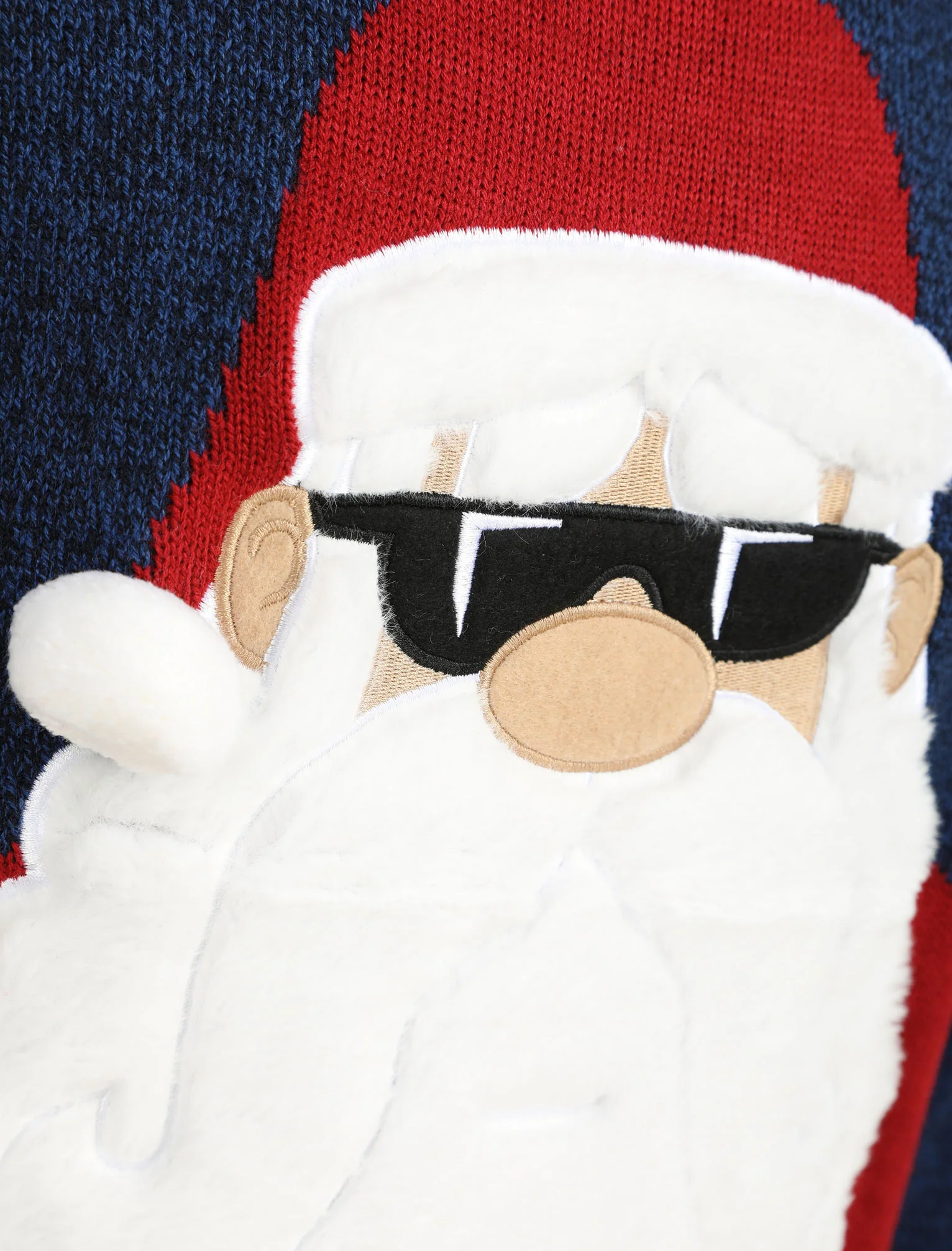 Santa Sunglasses Novelty Christmas Jumper With Faux Fur Applique in Navy - Merry Christmas - Image 3
