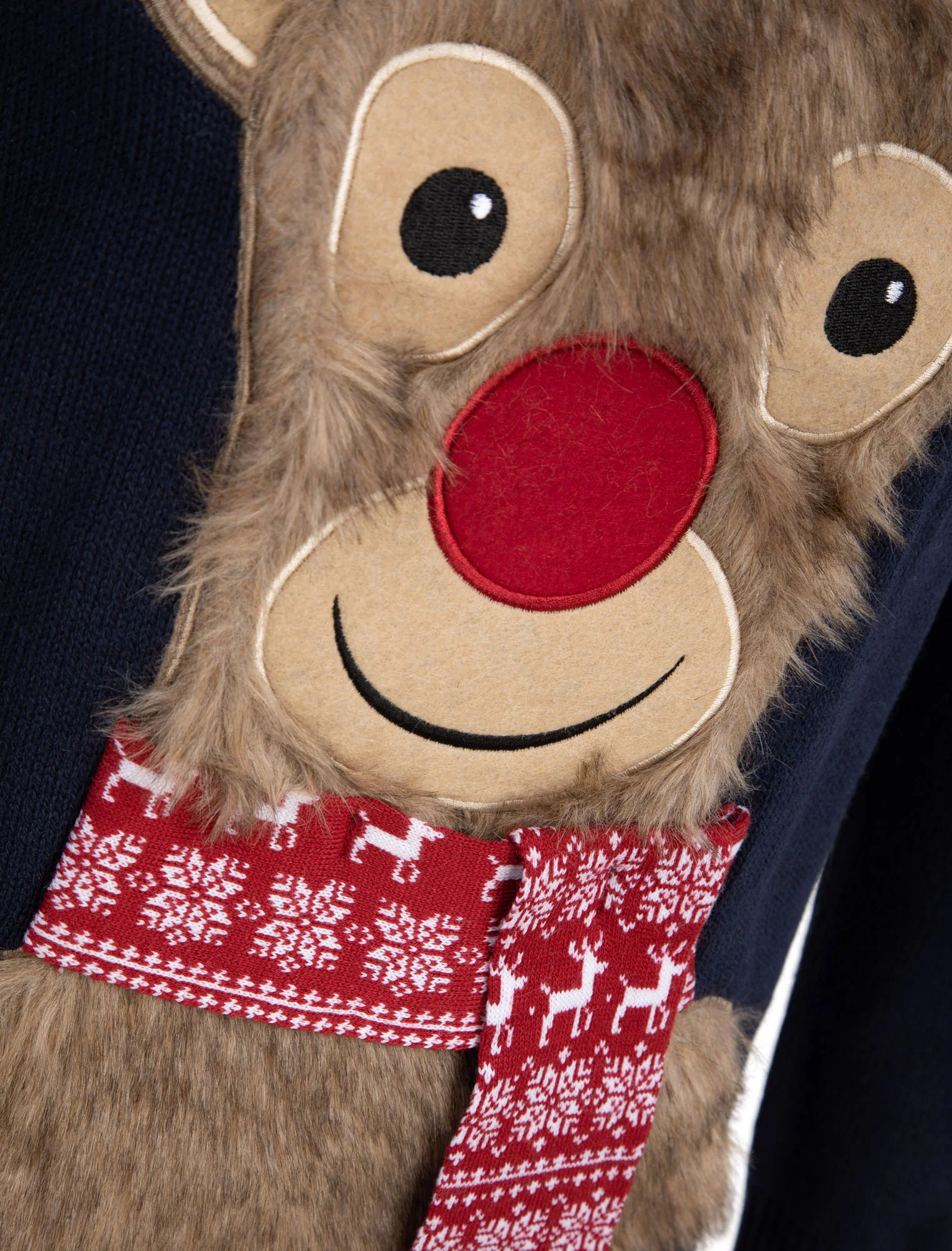 Sleepy Reindeer Novelty Christmas Jumper With Faux Fur Applique In Eclipse Blue - Merry Christmas - Image 3