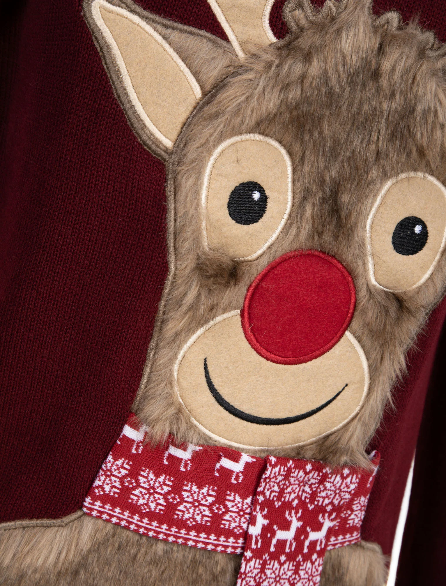 Sleepy Reindeer Novelty Christmas Jumper With Faux Fur Applique In Oxblood - Merry Christmas - Image 3