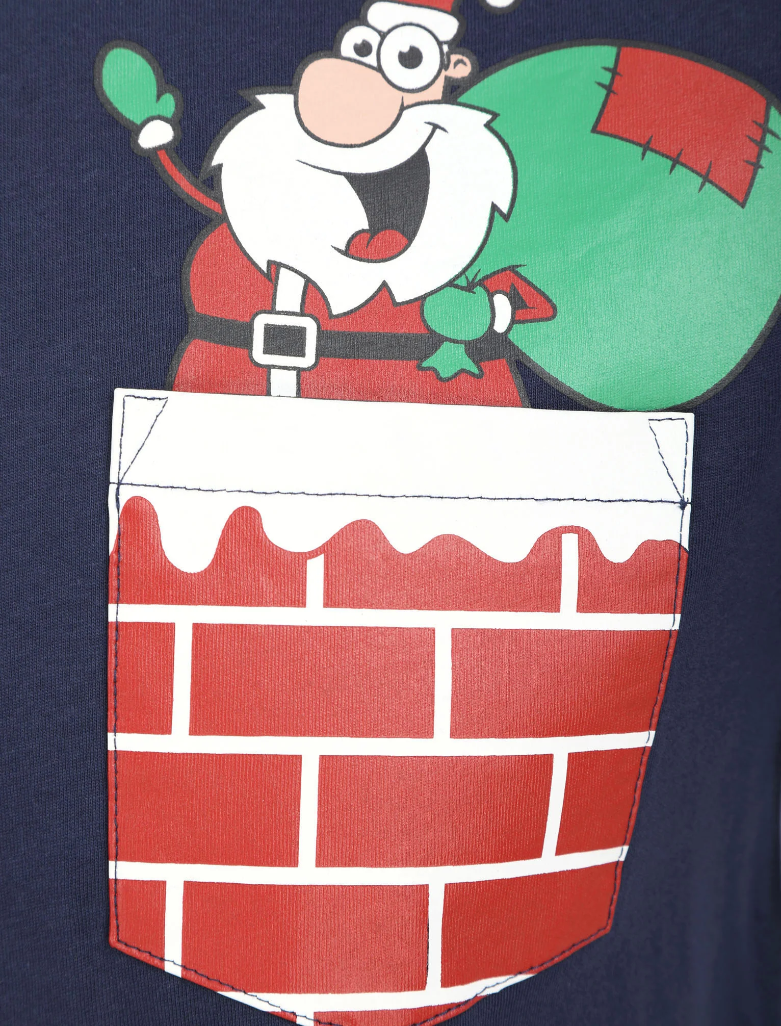 Waving Santa Pocket Motif Novelty Cotton Christmas T-Shirt in Eclipse Blue - Merry Christmas - Image 3